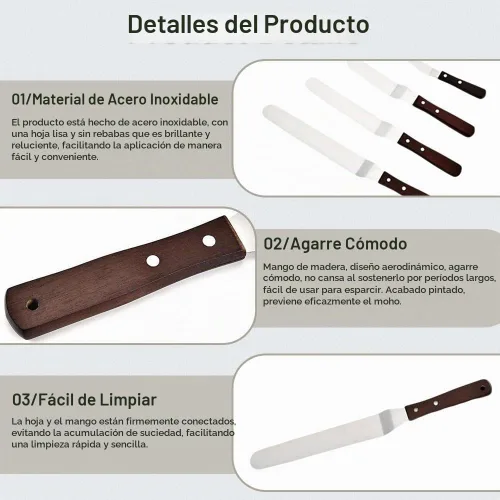 Vista 6 de Juego de 4 espátulas profesionales de acero inoxidable para decoración de tartas, hoja flexible resistente con mango de madera de 4 a 6 a 8 pulgadas