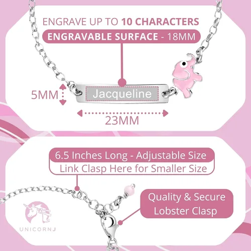 Vista 2 de UNICORNJ Pulsera de plata de ley 925 grabable con cadena Rolo para niñas con esmalte rosa de 6.5 pulgadas