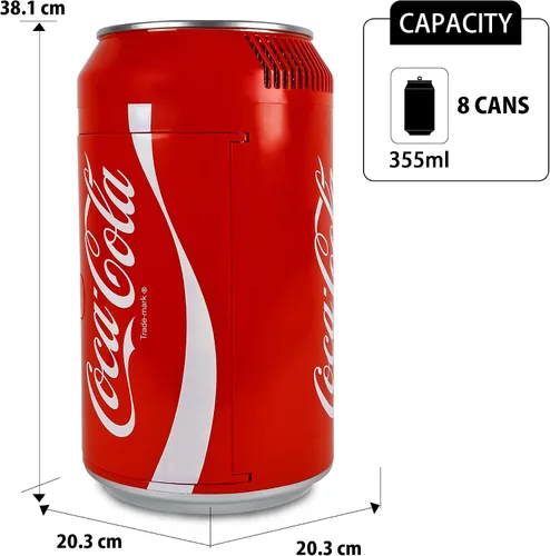 Vista 7 de Coca Cola Mini Refrigerador - Refrigerador para Dormitorio, Oficina, Enfriador de Bebidas Portátil de Mesa, Refrigerador de 12V 220V para Bebidas