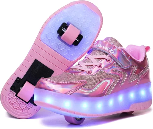 Vista 5 de Wooowyet - Tenis con ruedas y luces LED para niños y niñas, con ruedas, USB recargable, cierre de gancho y bucle