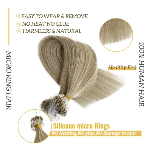 Vista 4 de Extensiones de cabello con micro puntas, 16 pulgadas, balayage, color #18, rubio beige, mezclado #60 rubio platino, extensiones de cabello humano