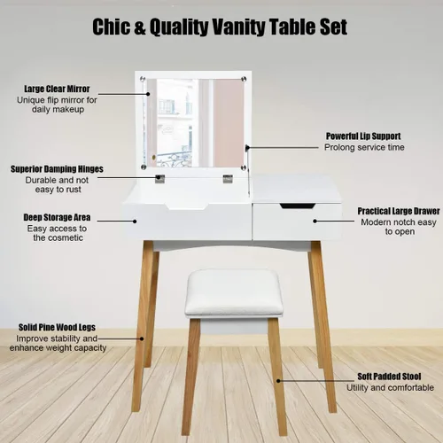 Vista 4 de CHARMAID Mesa de tocador con espejo abatible y taburete, mesa de maquillaje de madera escritorio con cajón, compartimento de almacenamiento, juego