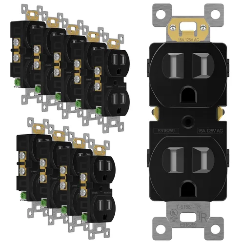 Vista 38 de ENERLITES Receptáculo dúplex, tomas de pared eléctricas resistentes a manipulaciones, grado comercial, 15A 125V, autoconectado, 2 polos, 3 cables