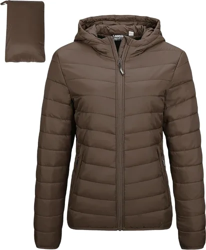 Vista 18 de Outdoor Ventures Chaqueta Puffer Ligera Empacable para Mujer con Cremallera Completa y Capucha, Abrigo de Invierno Acolchado Verde militar