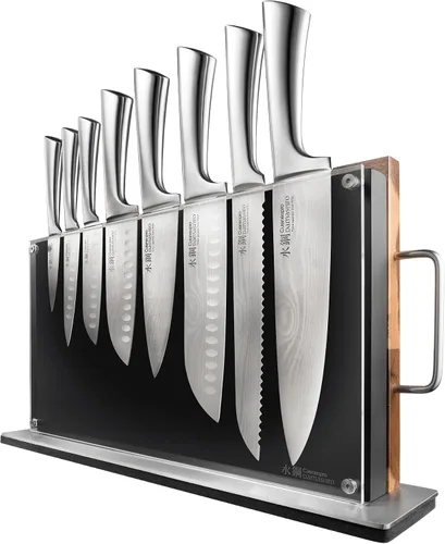 Vista 10 de Cuisine: pro Damashiro - Bloque de cuchillos (Kumi, juego de 7 cuchillos de chef) – Cuchillo de acero japonés – Bloque magnético para cuchillos