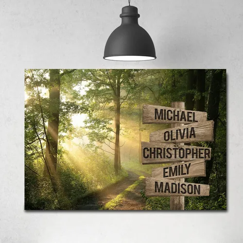 Vista 2 de MySoulAndSpirit Store - Lienzo personalizado con múltiples nombres de sol a través del bosque, arte de pared personalizado con nombre de la familia
