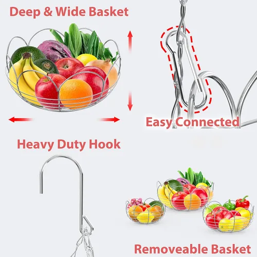 Vista 8 de Simple Houseware - Cesta colgante moderna para frutas de 3 niveles, cromado