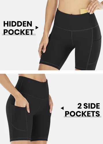Vista 3 de IUGA Pantalones cortos de entrenamiento para mujer con bolsillos de cintura alta, pantalones deportivos cortos para mujer, pantalones cortos de yoga
