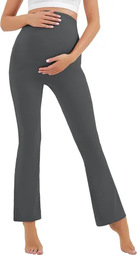 Vista 4 de HEGALY Leggings acampanados de maternidad para mujer sobre el vientre, pantalones casuales de yoga para embarazo, con bolsillos, suaves como
