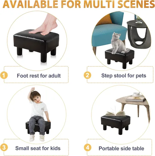 Vista 3 de LUE BONA Taburete rectangular moderno, reposapiés otomano acolchado de piel sintética negra, taburete pequeño para estar, adultos, patio