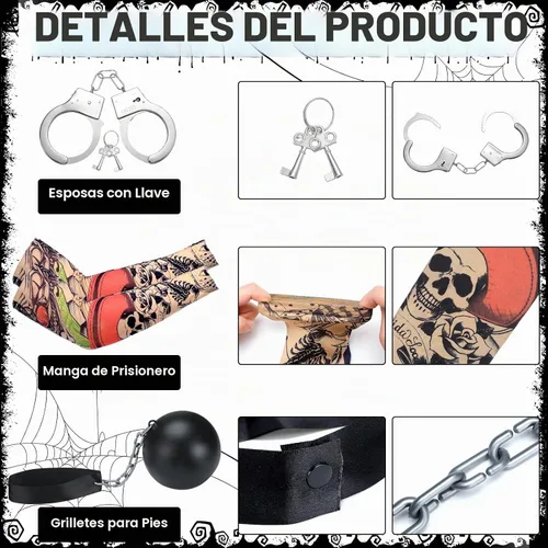 Vista 3 de Liitrsh 4 piezas de disfraz de prisionero de Halloween a rayas, mono de prisión con mangas de tatuaje, esposas y puño para el pie