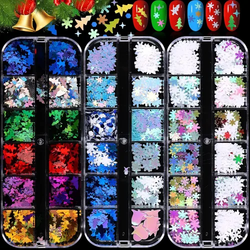 Vista 8 de 36 rejillas de lentejuelas para uñas de Navidad, EBANKU copos de nieve holográficos, muñeco de nieve, copos de nieve de Papá Noel, lentejuelas