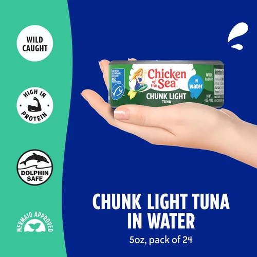 Vista 3 de Chicken of the Sea Wild Caught Chunk Light Tuna, latas de 5 onzas, 24 unidades - Atún alto en proteínas 100% clásico en trozos en agua - Comidas