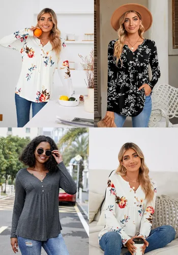 Vista 6 de CATHY Blusa tipo túnica de manga larga para mujer, cuello en V, con botones, informal, plisada, básica