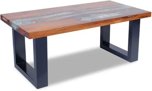 Vista 8 de vidaXL Mesa de centro de madera maciza de teca y mango hecha a mano con decoración de resina transparente, estilo industrial, multicolor, 39.4 x
