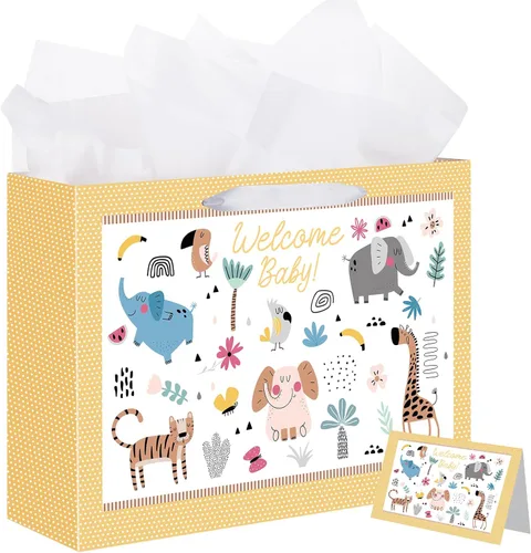 Vista 10 de woric Bolsa de regalo grande de 14.5 pulgadas, bolsas de regalo de cumpleaños azules con papel de seda y tarjeta de felicitación para niños y niñas