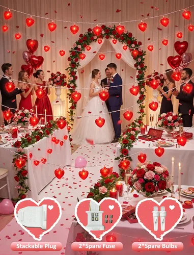 Vista 3 de Cadena de luces de corazón de San Valentín de 8.5 pies con 10 luces de hadas de corazón, decoraciones del día de San Valentín, luces de cadena