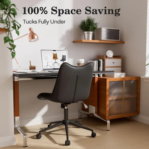 Vista 7 de Silla de oficina sin brazos, silla de escritorio sin brazos, silla giratoria ajustable con ruedas, tapizada de piel sintética, compacta