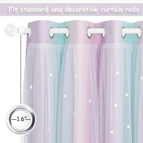 Vista 5 de NICETOWN Cortinas para Dormitorio de Niñas Infantiles con Estrellas Caladas Ventana 2 Capas Cortina 63 Pulgadas de Longitud Oscurecimiento