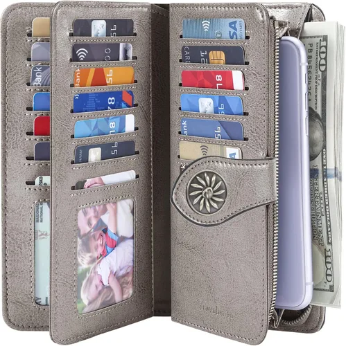 Vista 2 de Travelambo Cartera de mujer con bloqueo RFID para tarjetas de crédito, cartera de cuero de gran capacidad