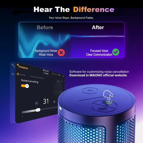 Vista 3 de MAONO USB Gaming Microphone for PC, Noise Cancellation Condenser Mic with RGB Lights, Mute, Gain for Streaming, Recording, Podcast, Chat, Twitch