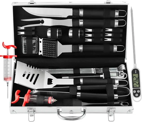 Vista 8 de Grilljoy Juego de 24 herramientas para parrilla de barbacoa con termómetro de carne e inyector, tenedor de acero inoxidable extragrueso, espátula
