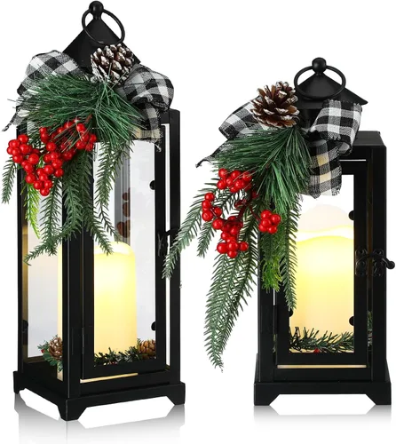 Vista 7 de Baquler 2 faroles de metal negros de Navidad y velas LED falsas de 12 y 15 pulgadas, faroles decorativos con adorno de Navidad para porche