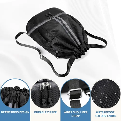 Vista 8 de Mochila de gimnasio con cordón y compartimento para zapatos, para fútbol, baloncesto, natación, resistente al agua, mochila de playa para mujeres
