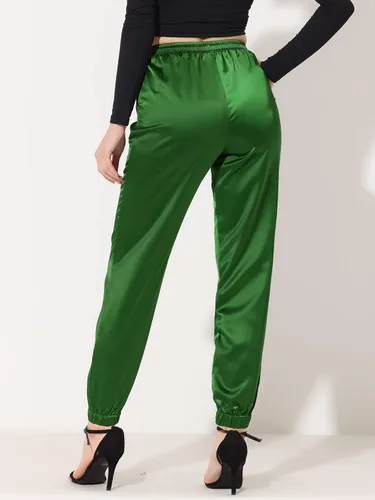 Vista 3 de Allegra K Pantalones de cintura alta para mujer, estilo casual, con cordón, longitud al tobillo, pantalones deportivos de satén, M
