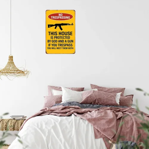 Vista 7 de Póster de metal retro con advertencia de "No Trespassing Gun" para garaje, hombre, cueva, baño, dormitorio, granja, inspirador, arte de pared