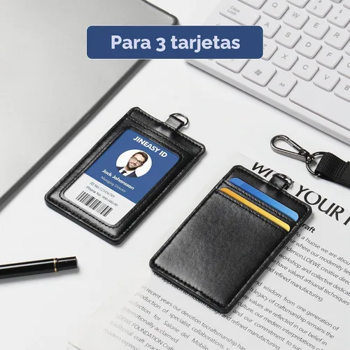 Vista 3 de JINEASY ID Soporte para tarjetas de identificación de cuero, soporte vertical para tarjetas de identificación, funda protectora de credencial negra