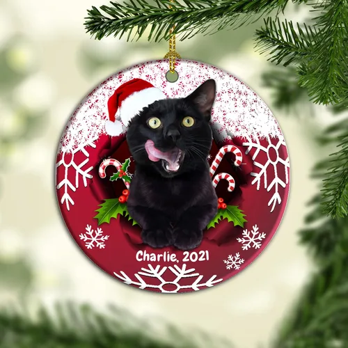 Vista 5 de Adorno personalizado, adorno de gato negro, regalo para amantes de los gatos, adorno de cerámica de Navidad de gato negro, adorno de Navidad