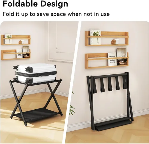 Vista 5 de IBUYKE TLR002B - Portaequipajes para todos los tamaños de maleta, soporte plegable para maleta con estante de almacenamiento de tela, fácil