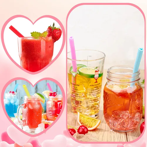 Vista 4 de Jutom Paquete de 25 pajitas en forma de corazón de San Valentín de 9.8 pulgadas reutilizables de silicona con 2 cepillos de limpieza para regalos