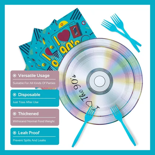 Vista 6 de Vajilla para decoración de fiestas temáticas de los años 90, suministros retro para fiestas de cumpleaños de los 90, incluye platos, tenedores