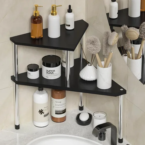 Vista 9 de Weenson Organizador de Mostrador de Baño Estante de Esquina - Organizador de Baño de 2 Niveles Organización de Baño Estante de Bambú para Lavabo