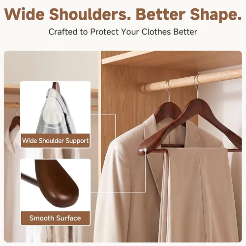 Vista 3 de StorageWorks - Paquete de 6 perchas de madera extra anchas con hombro para abrigos, camisas, chaquetas, pantalones y trajes (color nogal claro)