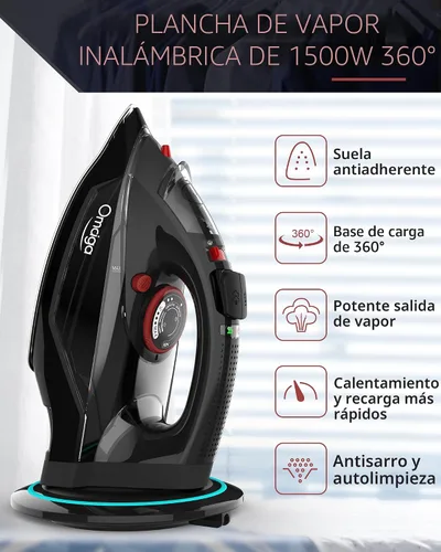 Vista 2 de OMAIGA - Plancha inalámbrica para ropa, plancha de vapor de 1500W con calentamiento rápido, suela de cerámica, apagado automático, autolimpieza