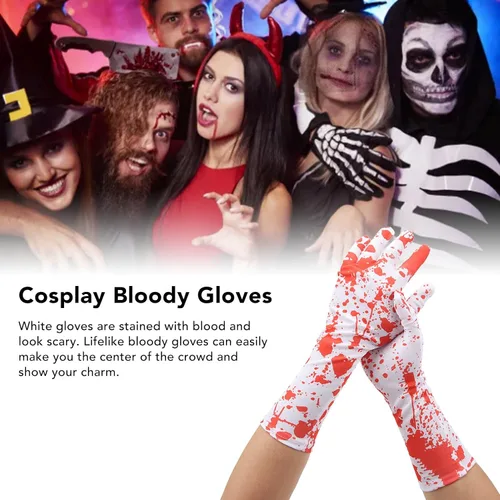 Vista 4 de Semme Guantes sangrientos de Halloween, 1 par de guantes horribles con efecto salpicado, accesorio de disfraz de cosplay para asesino