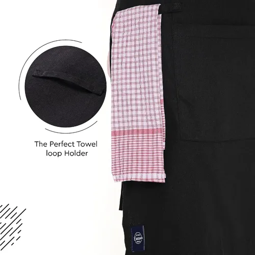 Vista 5 de Encasa XO Delantal de algodón ajustable con bolsillos y toallero de tamaño 27 x 33 pulgadas (negro completo) para hombres y mujeres, chefs