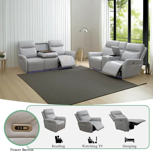 Vista 68 de Juego de sofá reclinable eléctrico, seccional de cuero transpirable beige, juego de muebles de sala de estar, 2 piezas, sofá reclinable eléctrico