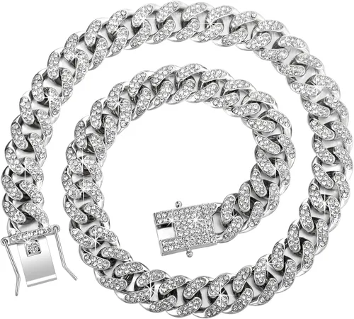 Vista 4 de Hicarer 2 piezas de cadena cubana de 0.472in, collar de cadena de eslabones fuertes y pesados, para hombres y mujeres, Aleación, diamantes