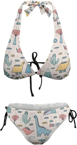 Vista 8 de Traje de baño de dos piezas de dinosaurios de dibujos animados para mujer, traje de baño sexy Halter, conjuntos de bikini triangular de cuerda