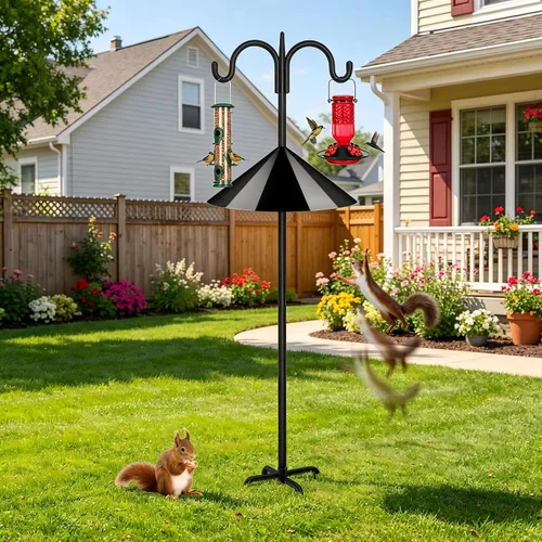 Vista 14 de FEED GARDEN Gancho de pastor doble ajustable para exteriores con base de 5 puntas de 63 pulgadas, poste resistente de comedero de pájaros de dos