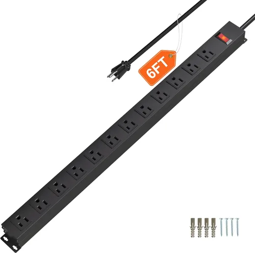 Vista 16 de Tira de alimentación de 10 tomas de 6 pies de largo, cable de extensión resistente para montaje en pared, enchufe de metal para cocina, oficina