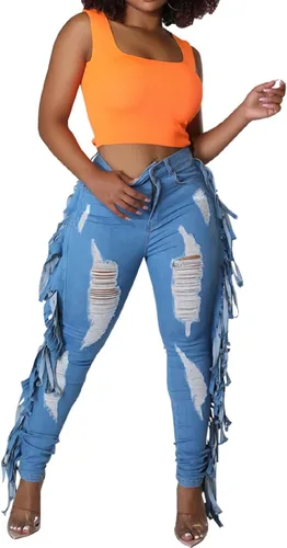 Vista 4 de SeNight Pantalones de mezclilla rasgados de cintura alta para mujer