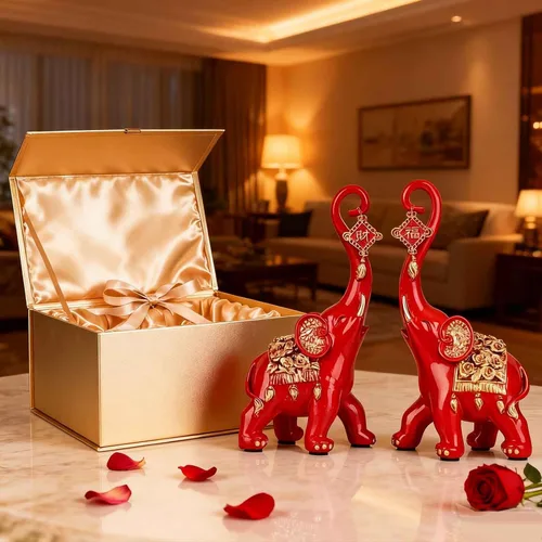 Vista 5 de Estatuas de elefante rojo para decoración del hogar, un par de estatuas de elefante de la suerte rojas y esculturas decorativas para la sala