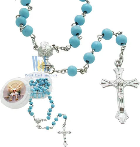 Vista 4 de Recuerdo de rosario perfumado para la Primera Comunión – 12 rosarios con caja de regalo individual y bolsa de organza., Madera, No es una piedra