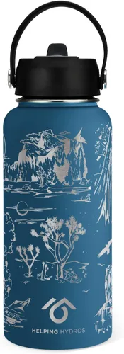 Vista 7 de National Parks - Botella de agua con tapa con pajilla, acero inoxidable grabado de 32 onzas, aislada con correa, temática de parques nacionales