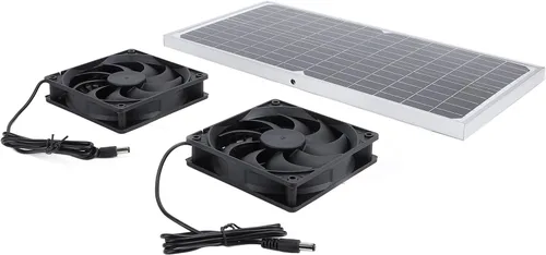 Vista 2 de Solar Powered Fan Kit, Proof 16W Monocrystalline Silicon High Efficiency Rain Proof Solar Fan Ventilator with 2 Fans for Greenhouse